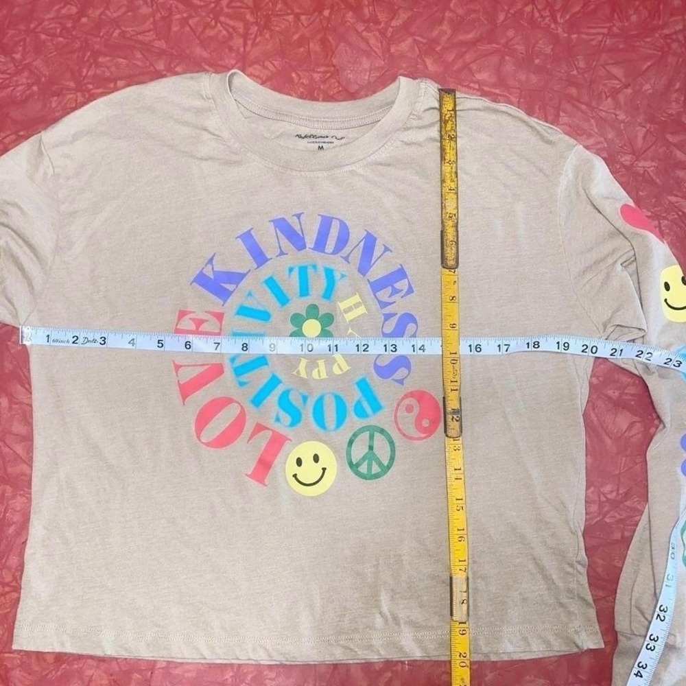 Rebellious One Love Kindness Positivity Graphic Long Sleeve Tee Tan Women Medium - Picture 4 of 4